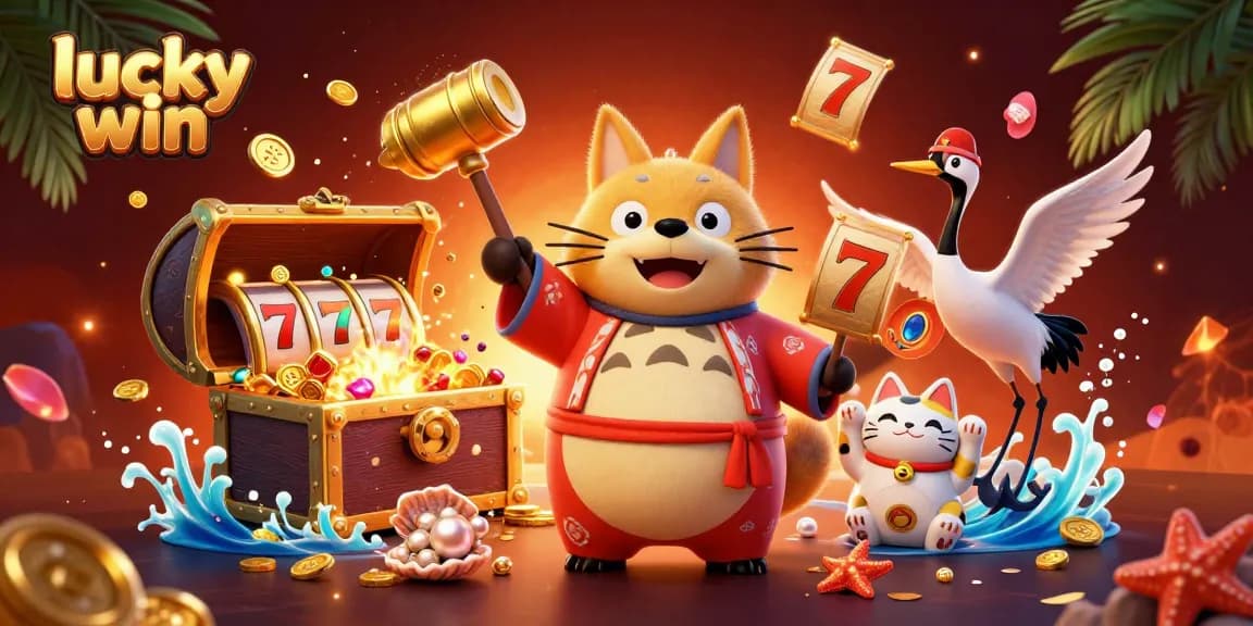 Experience lucky win in vibrant 3D illustration with cheerful characters and dynamic casino elements exploding with excitement.
