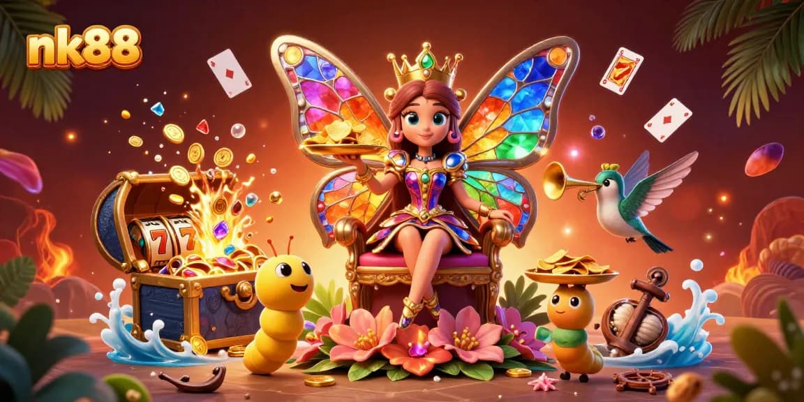 Experience thrilling play at nk88 with a vibrant 3D scene featuring a butterfly queen and casino treasures.