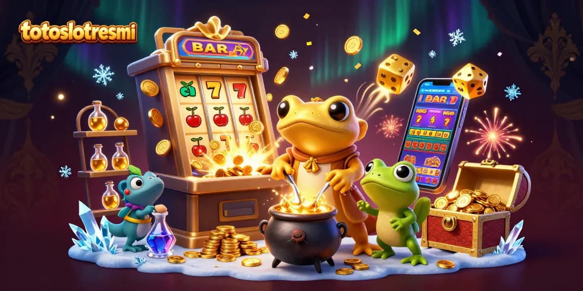 Engage with totoslotresmi in a vibrant 3D casino scene featuring alchemists and jackpots.