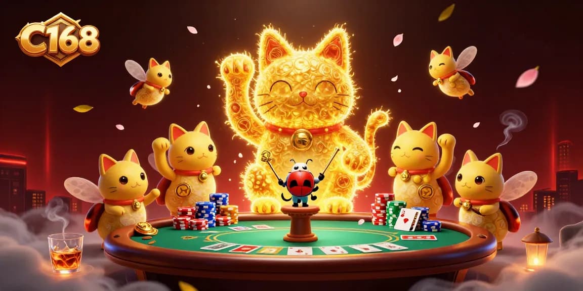 Engage with C168's exciting gaming action featuring a giant lucky cat and poker elements in a vibrant casino scene.