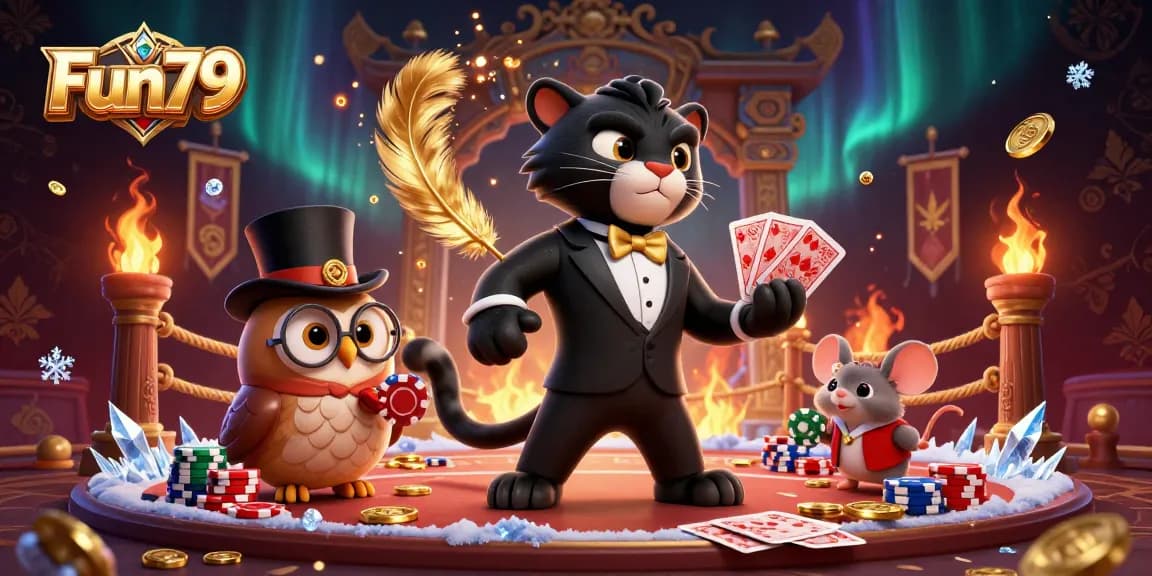 Engage with Fun79's thrilling casino scene featuring a tuxedo-clad panther, an owl with poker chips, and a lucky mouse amidst dynamic casino elements.