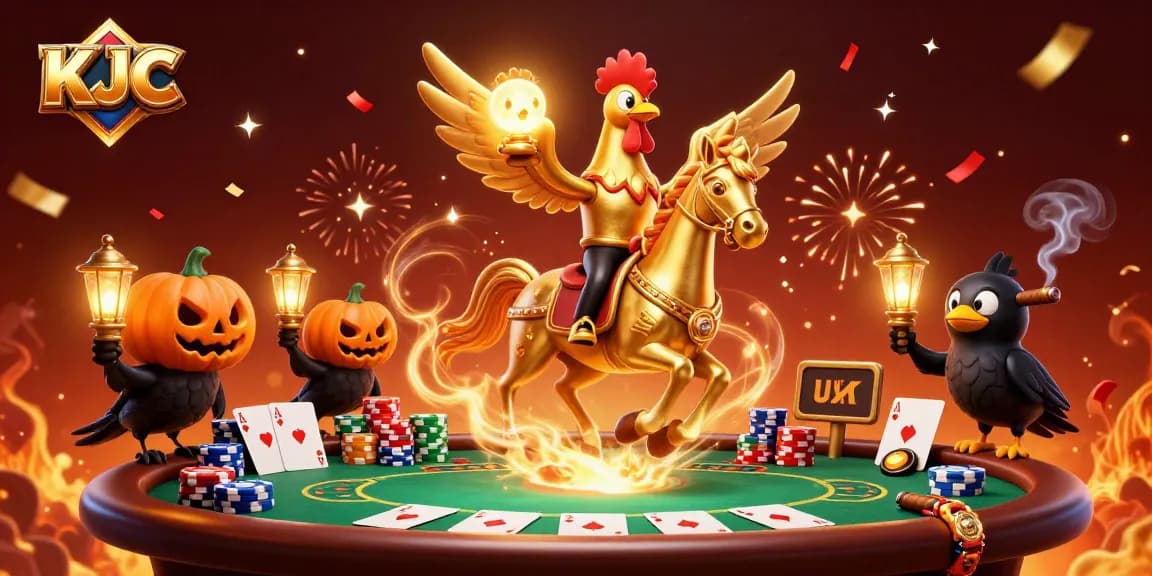 KJC showcases a golden rooster horseman celebrating amid poker chips and cards in a vibrant casino scene.