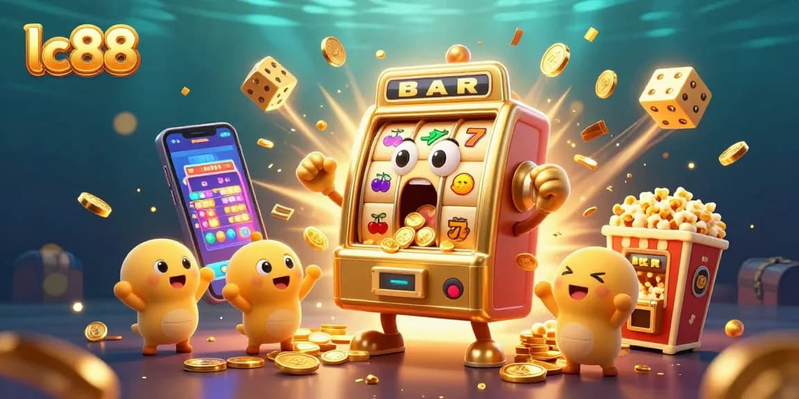 lc88's dynamic jackpot scene featuring a golden slot machine in action with coins flying.