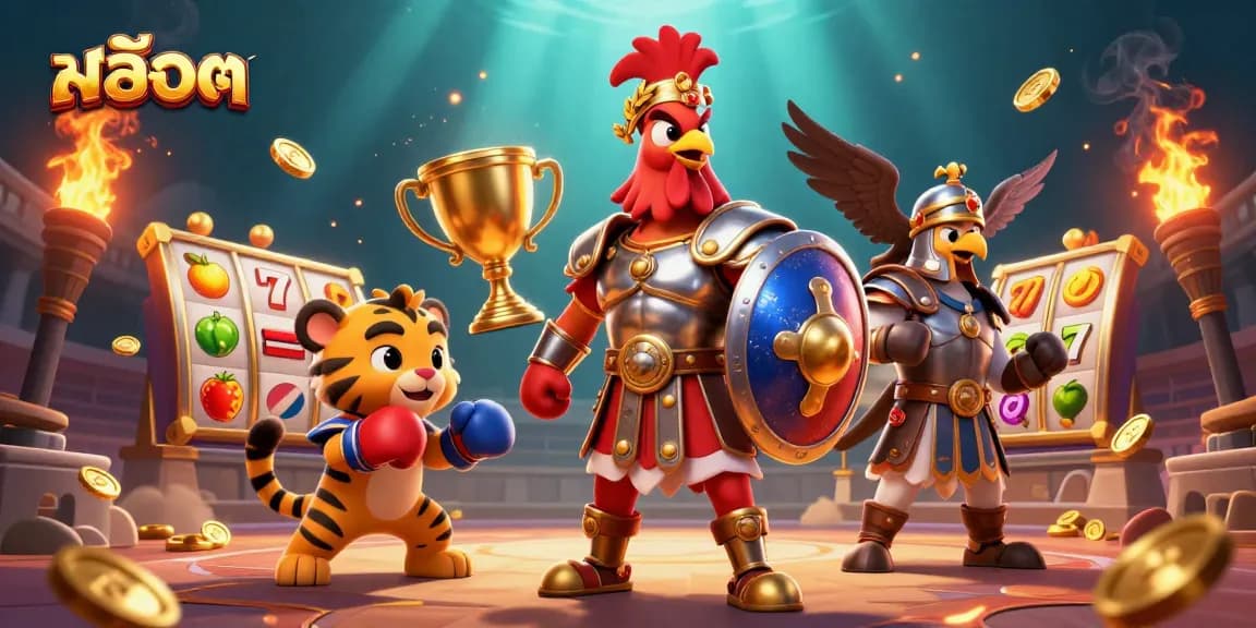 Spin to win with สล็อต as vibrant slot reels, a rooster champion, and gold coins collide in a casino scene.
