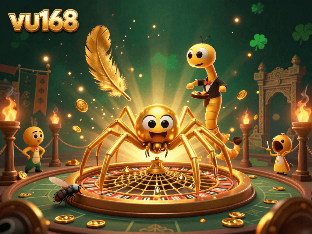 Experience thrilling bets at vu168 with a golden spider threateningly weaving a roulette wheel, embodying excitement in online gambling.