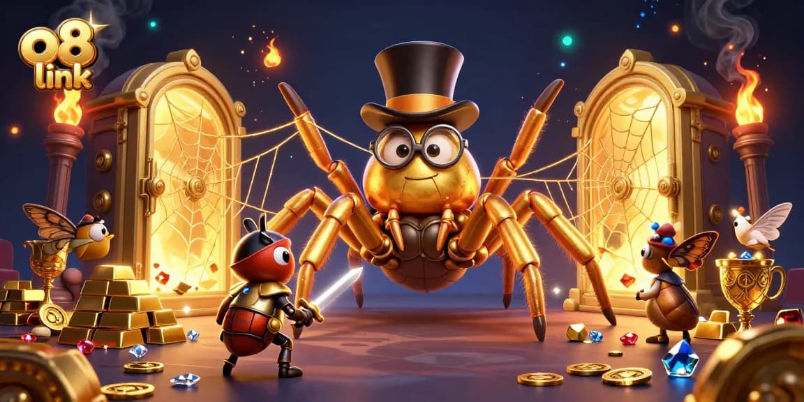 Engage with the thrilling world of o8 link as a golden tarantula spins webs of fortune amidst dazzling casino treasures.