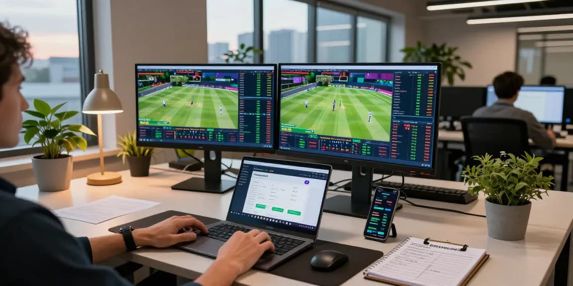 Playexch247 online cricket betting setup featuring live sports and cryptocurrency trading screens in a sleek workspace.