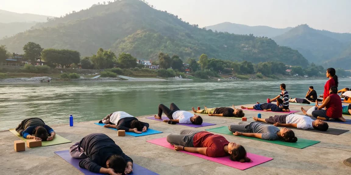 Group practicing 200 hour yoga teacher training in Rishikesh, by the sacred Ganga River in serene morning light.