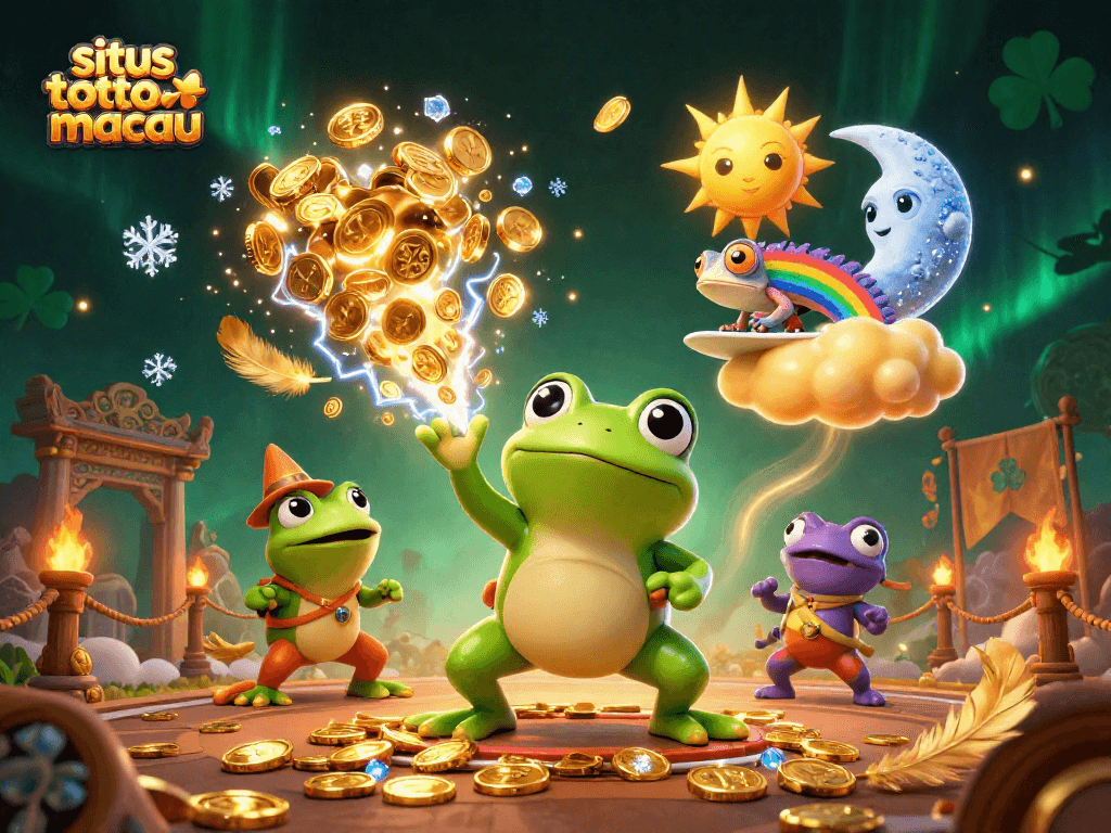 Memenangkan di situs toto macau dengan ilustrasi 3D penyihir cuaca dan makhluk berwarna-warni.