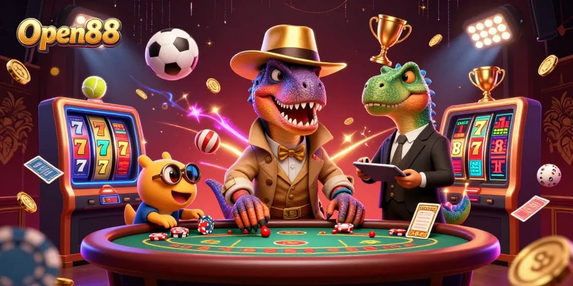 Experience Open88 with a 3D cartoon velociraptor at a blackjack table surrounded by casino elements and sports balls.