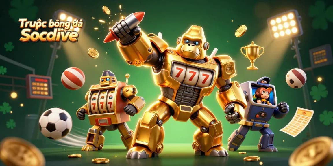 Experience Trực tiếp bóng đá Socolive with golden gorilla mech and dynamic sports elements in 3D art.
