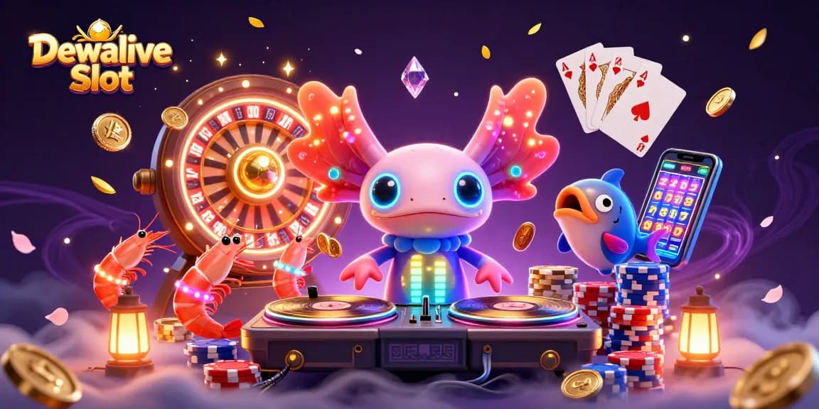 Dewalive Slot immersive 3D illustration featuring an axolotl DJ, golden coins, and vibrant gaming elements.
