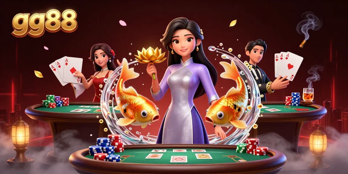 Experience winning gameplay at gg88 with poker tables, vibrant koi fish, and a stunning Asian hostess.