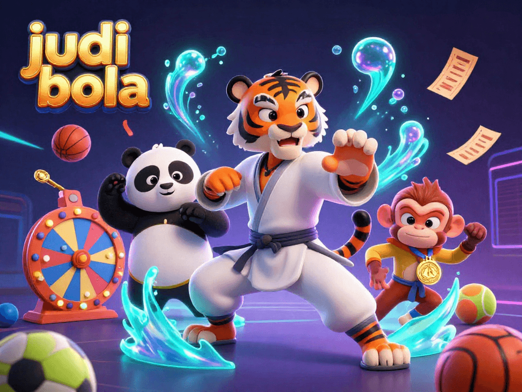 Engage in judi bola strategies with an entertaining scene of a kung fu tiger and friends amidst vibrant gambling elements.