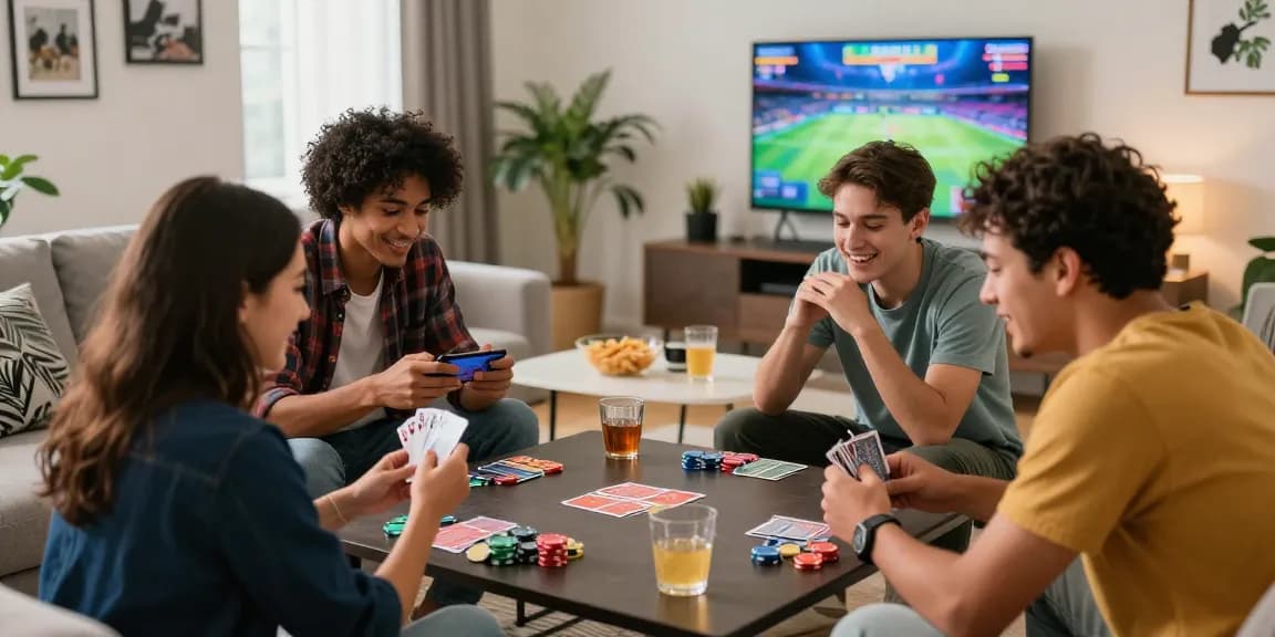 Friends enjoying a lively game of Teen Patti in a cozy living room with colorful chips and snacks.