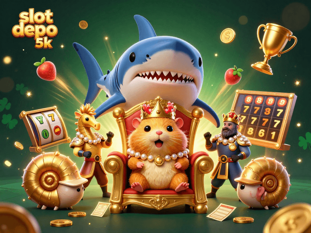 Experience the excitement of slot depo 5k as you win big with dynamic slot reels and golden surprises in this vibrant illustration.