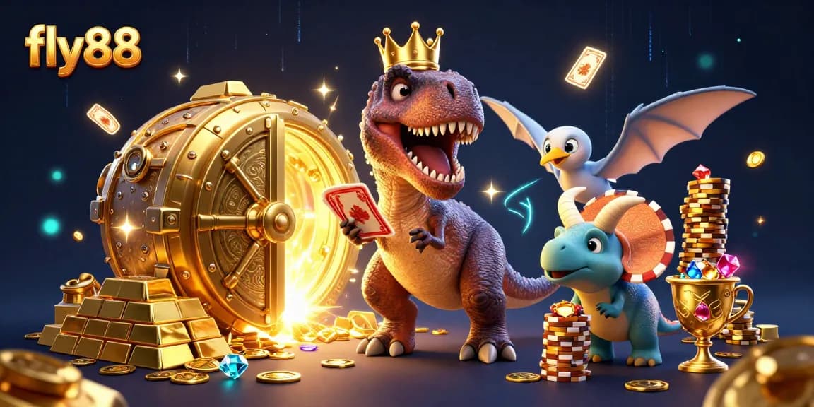 Fly88’s T-Rex shuffles cards with gems and gold surrounding a treasure vault in a playful casino scene.