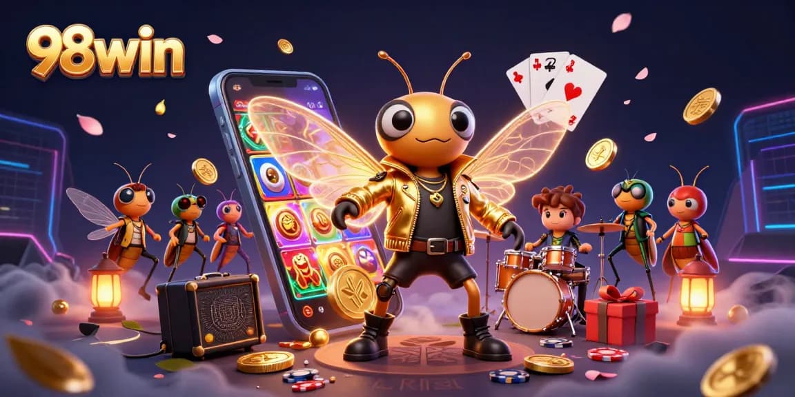 Experience thrilling wins with 98win in a vibrant casino scene of 3D characters and games