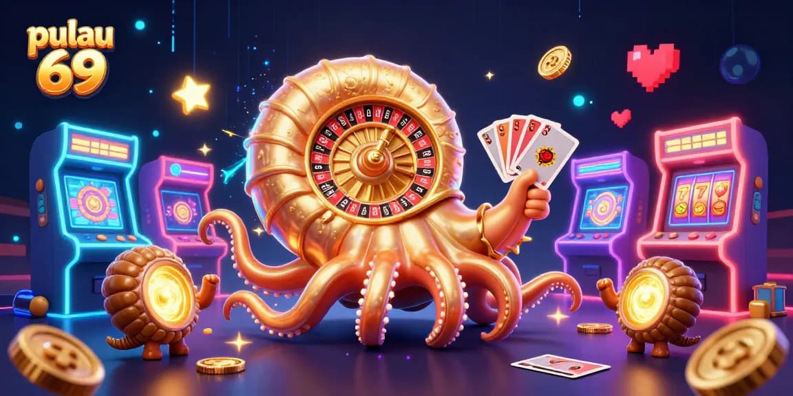 Engage with pulau 69 while enjoying vibrant casino elements like cards and a roulette wheel.