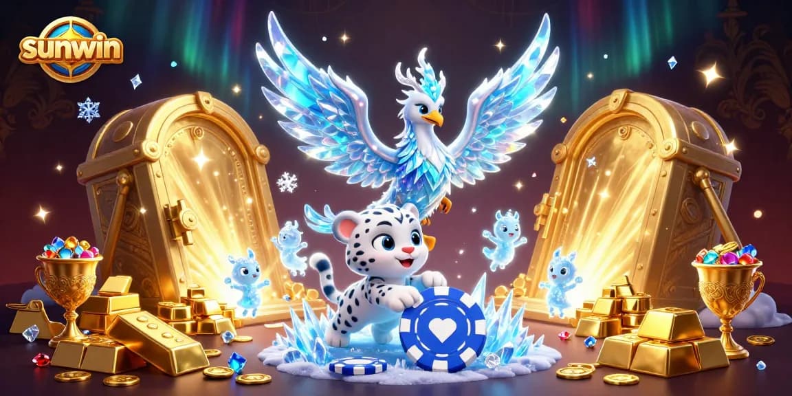 Sunwin showcases a lively casino scene with an ice phoenix, snow leopard cub, and dazzling treasures.