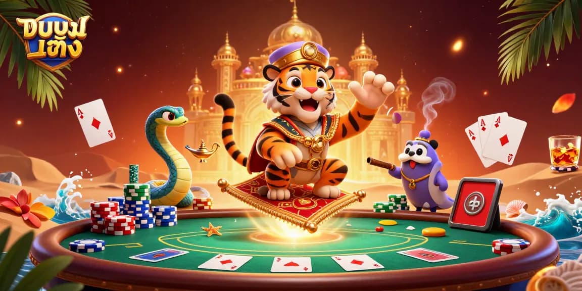 Experience the thrill of แทงบอลเต็ง with a vibrant 3D scene featuring a tiger sultan and poker elements.