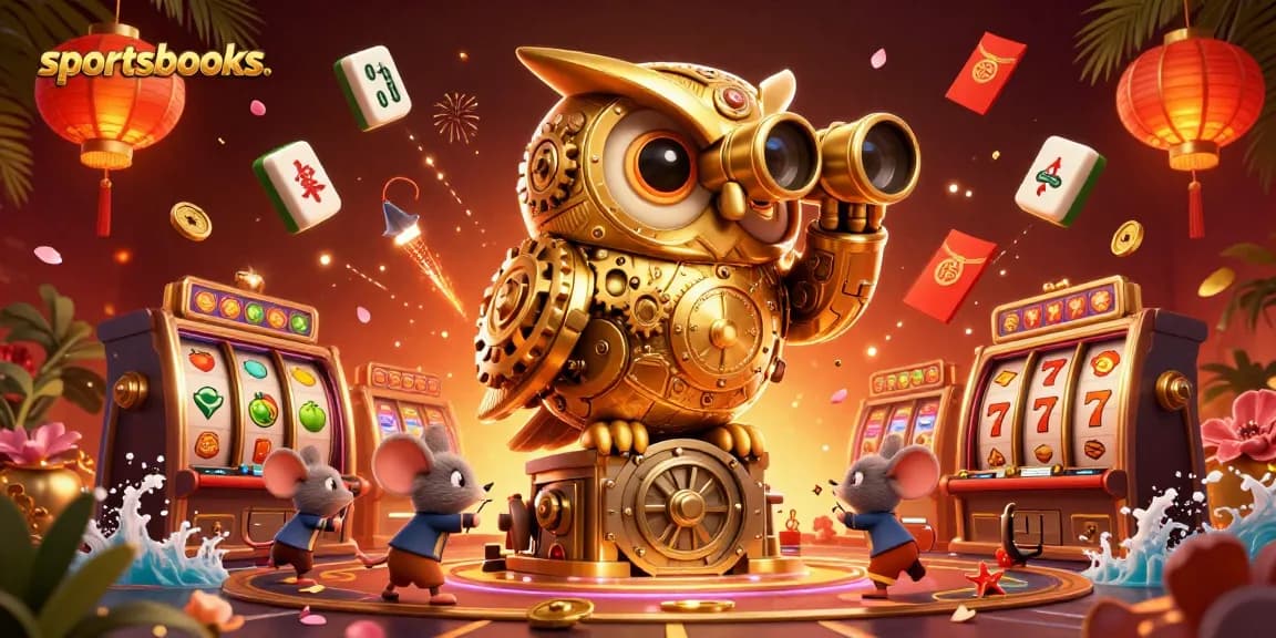 Engage with top sportsbooks through a vibrant 3D casino illustration showcasing an owl and mice amidst game symbols.