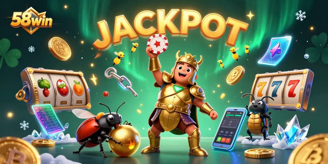 58win champions a colorful casino scene with a heroic beetle, displaying rich gaming elements and jackpot excitement.