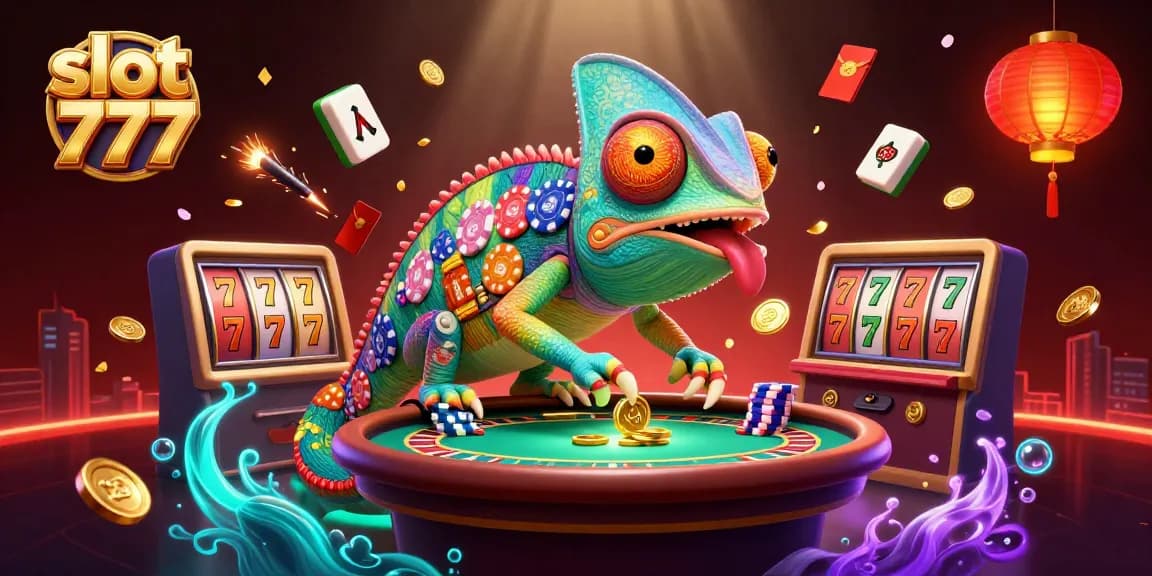 Spin lucky slots at slot 777 with vibrant chameleon casino owner and dynamic game elements.