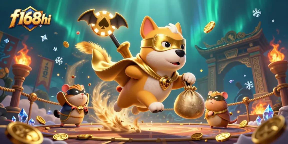 Experience the excitement of f168hi with a superhero dog in action, surrounded by gold coins and casino elements.