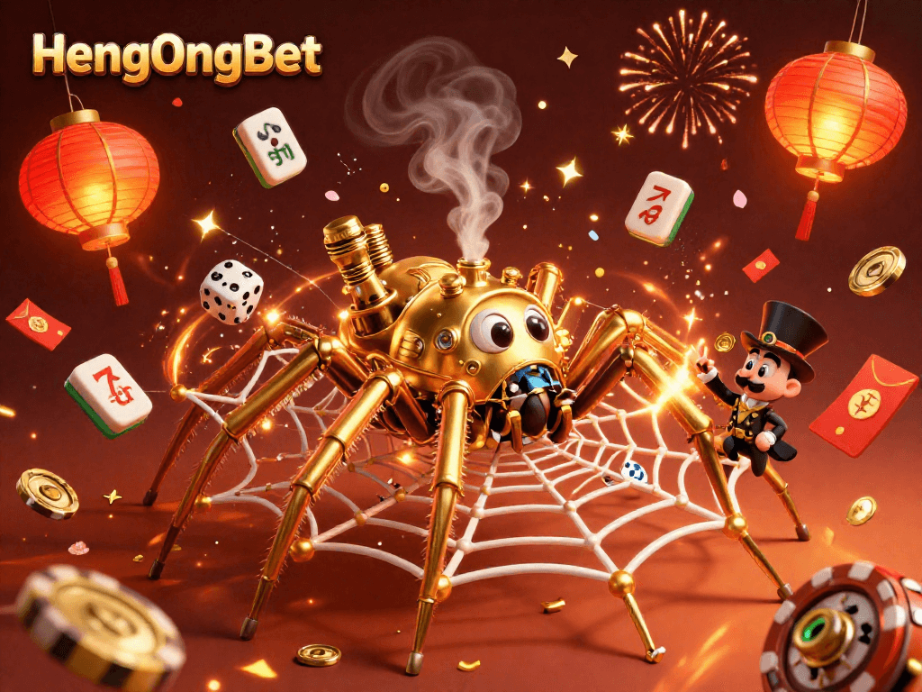 Spin the reels with HengOngBet's dynamic golden web showcasing thrilling casino elements.