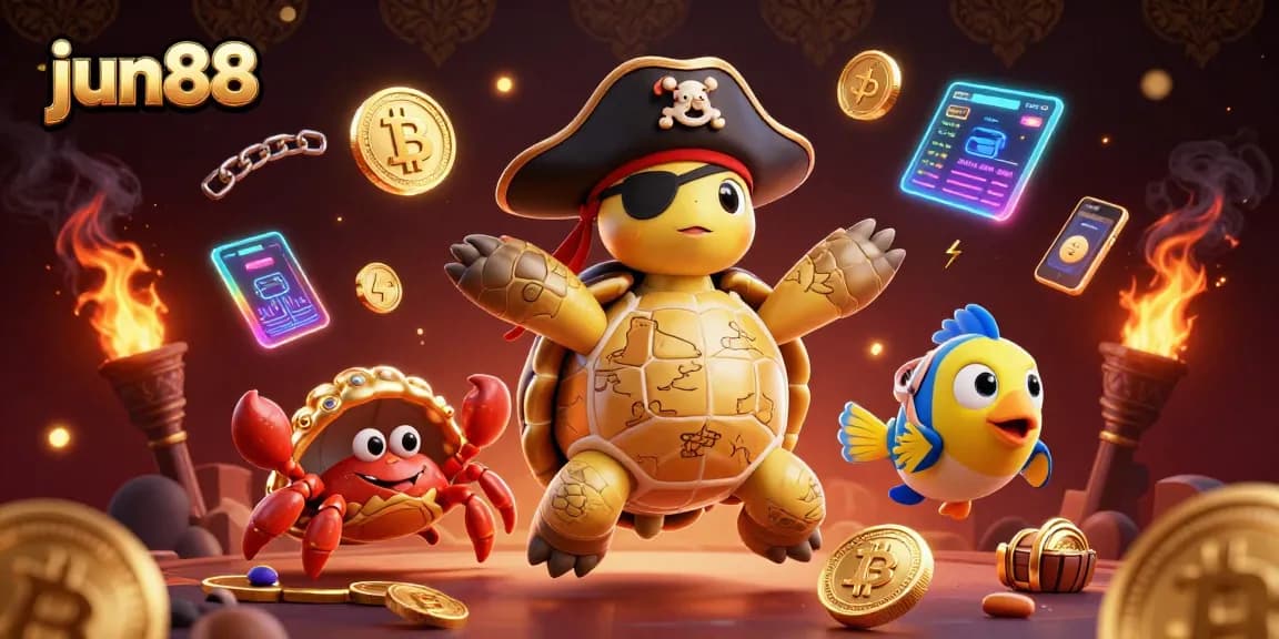 Engage with jun88's vibrant casino world featuring a pirate turtle and crypto treasures.