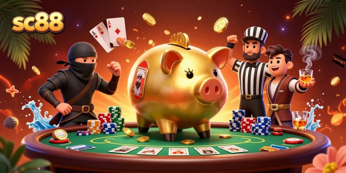 Engage in thrilling SC88 online gaming adventures as cartoon piggy bank sumo wrestler wins with poker!