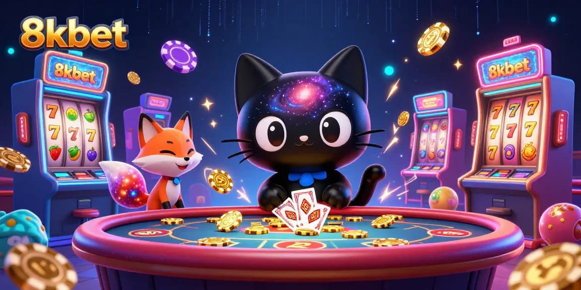 Engage with thrilling gameplay at 8kbet, featuring a cosmic casino scene with vibrant slots and high-energy characters.