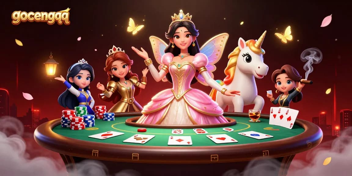 Win big with gocengqq at the vibrant poker table with dramatic chip towers and colorful elements.