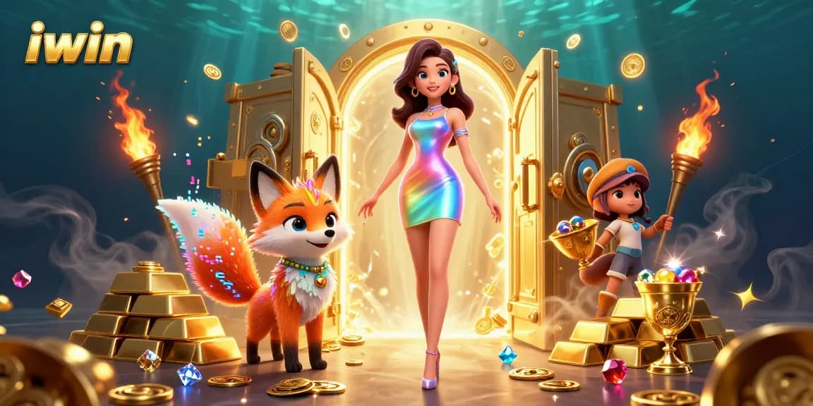 Experience the exciting world of iwin with a vibrant 3D casino scene featuring treasures and engaging characters.