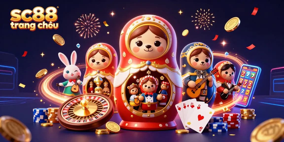 Win big on sc88 trang chủ with vibrant casino elements and engaging characters in a dynamic illustrated scene.