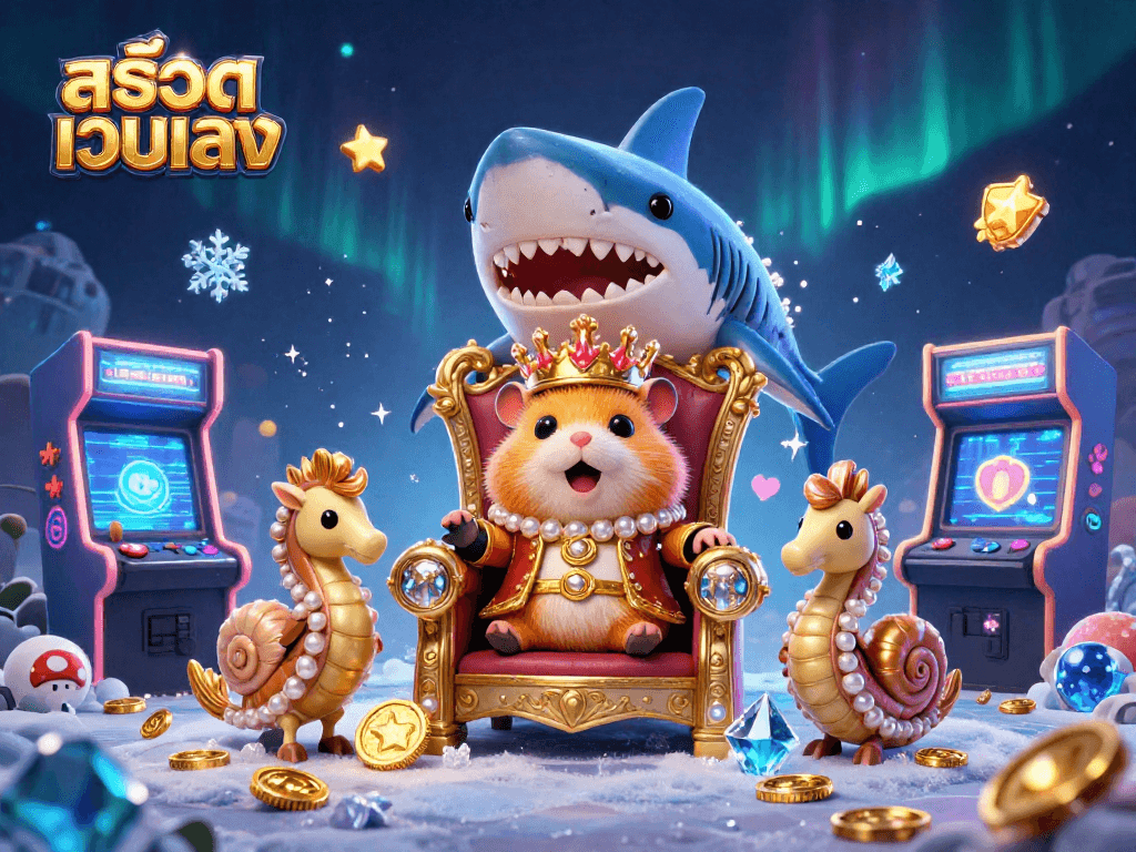 Experience the excitement of สล็อตเว็บตรง with a vibrant 3D scene filled with animated characters and casino elements.