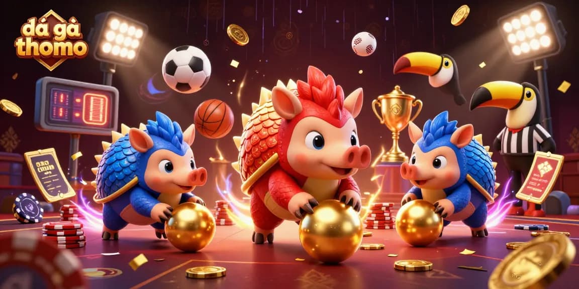 Experience the excitement of đá gà thomo in a dynamic 3D illustration showcasing immersive gambling elements.