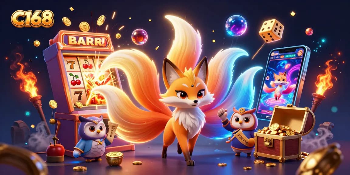 C168 brings excitement with a colorful nine-tailed fox and a wise owl amidst vibrant online casino game elements.