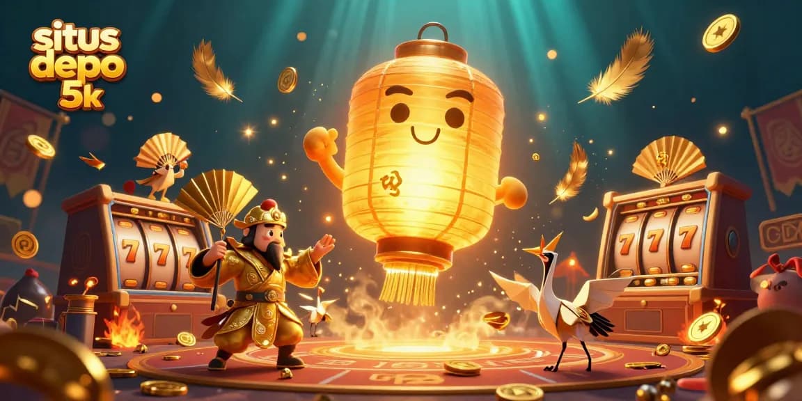 Win big with situs depo 5k, a vibrant illustration of a glowing lantern spirit above a casino.
