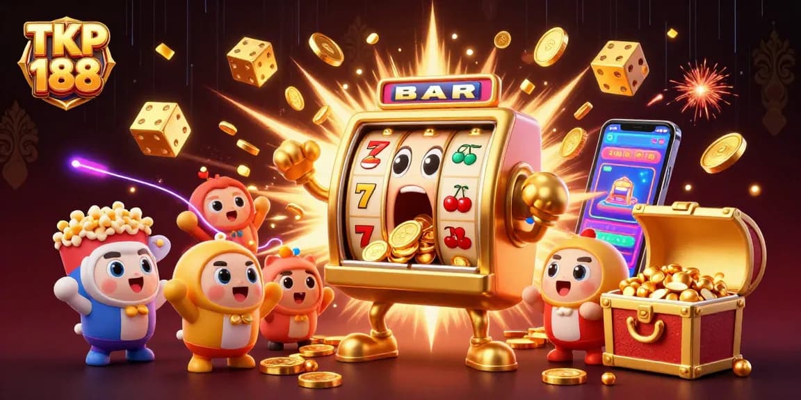TKP 188 celebrates jackpot moments with a golden slot machine and iconic symbols bursting with coins.