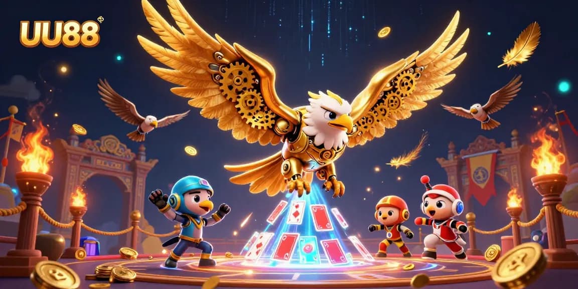 UU88 gamblers reveling in dynamic gaming with holographic cards and a dazzling eagle showcasing casino action