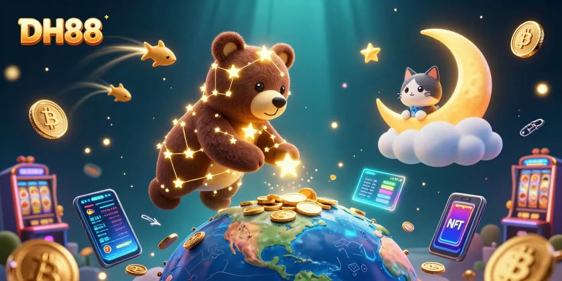 Engage with DH88's immersive casino experience, featuring a constellation bear and vibrant slot machines.