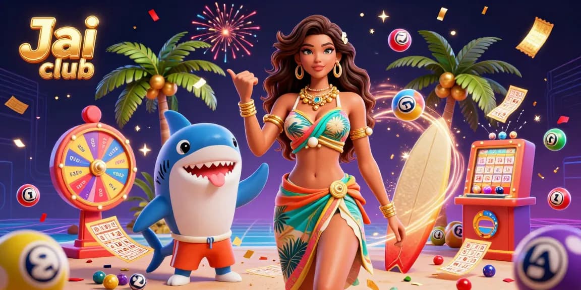 Engage with Jai club's vibrant atmosphere featuring a 3D woman and surfer shark amidst lottery elements.