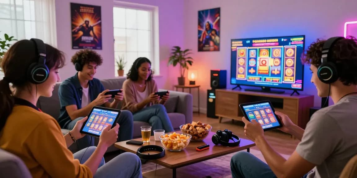 Exciting online gaming scene with friends playing slot games using slot wallet in a vibrant living room.
