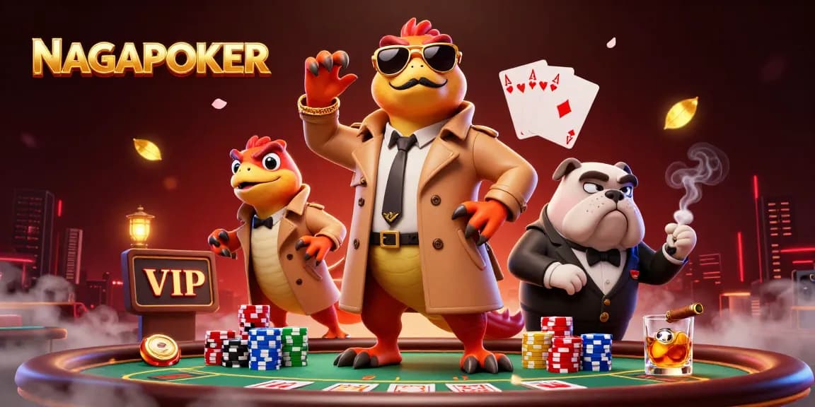 NAGAPOKER showcases an imaginative scene with raptors in a casino setting, highlighting poker elements.