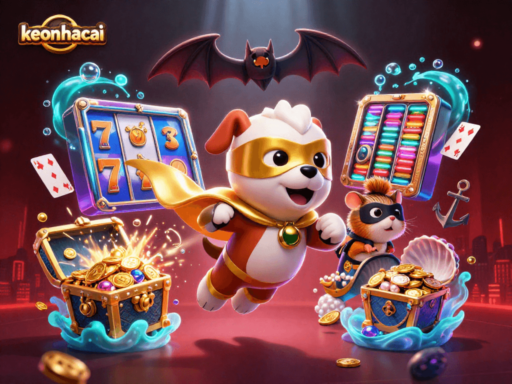 keonhacai engages players with vibrant 3D casino scene featuring superhero dog and colorful slot gameplay