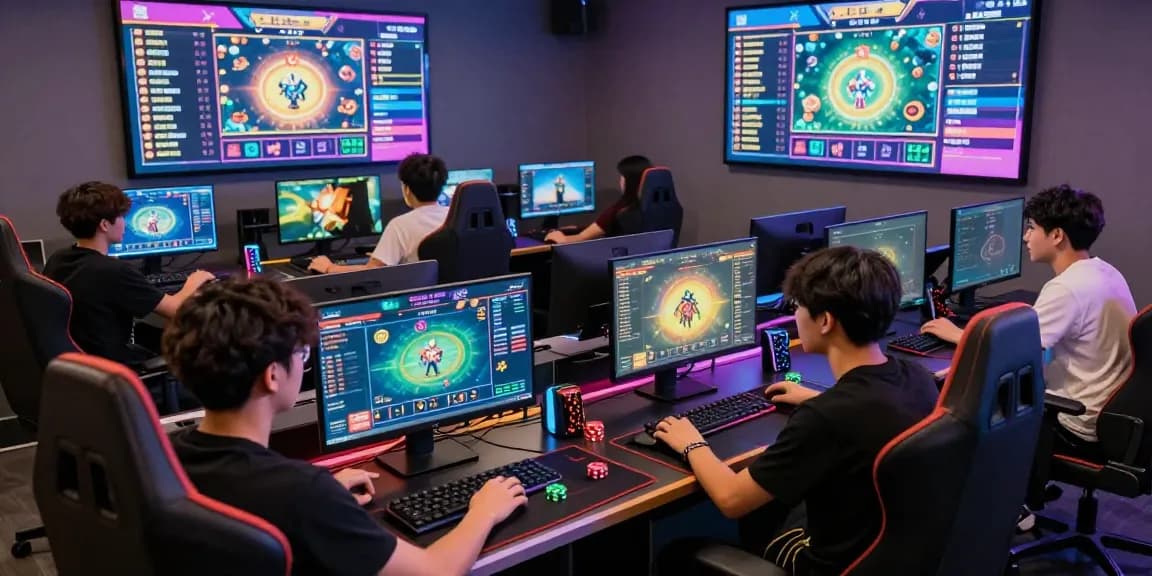 Players enjoying thrilling game bài đổi thưởng online, immersed in virtual competition and vibrant digital displays.