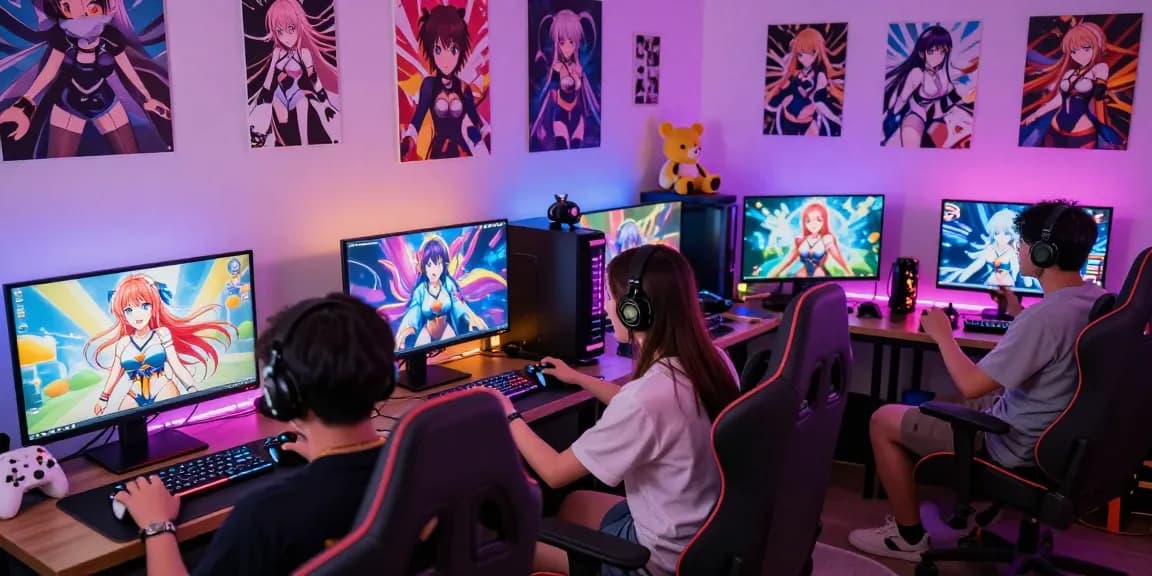 Engaged players enjoying various hentai games in a vibrant gaming setup.