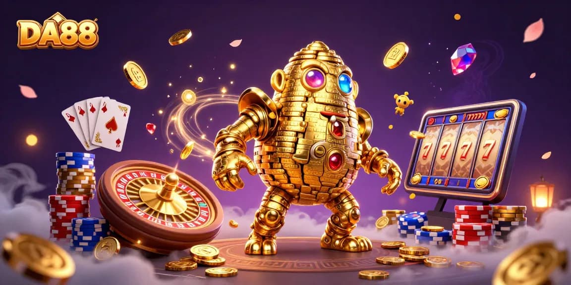 Experience DA88’s exciting casino ambiance with a golden golem embodying luck and riches in this dynamic scene.